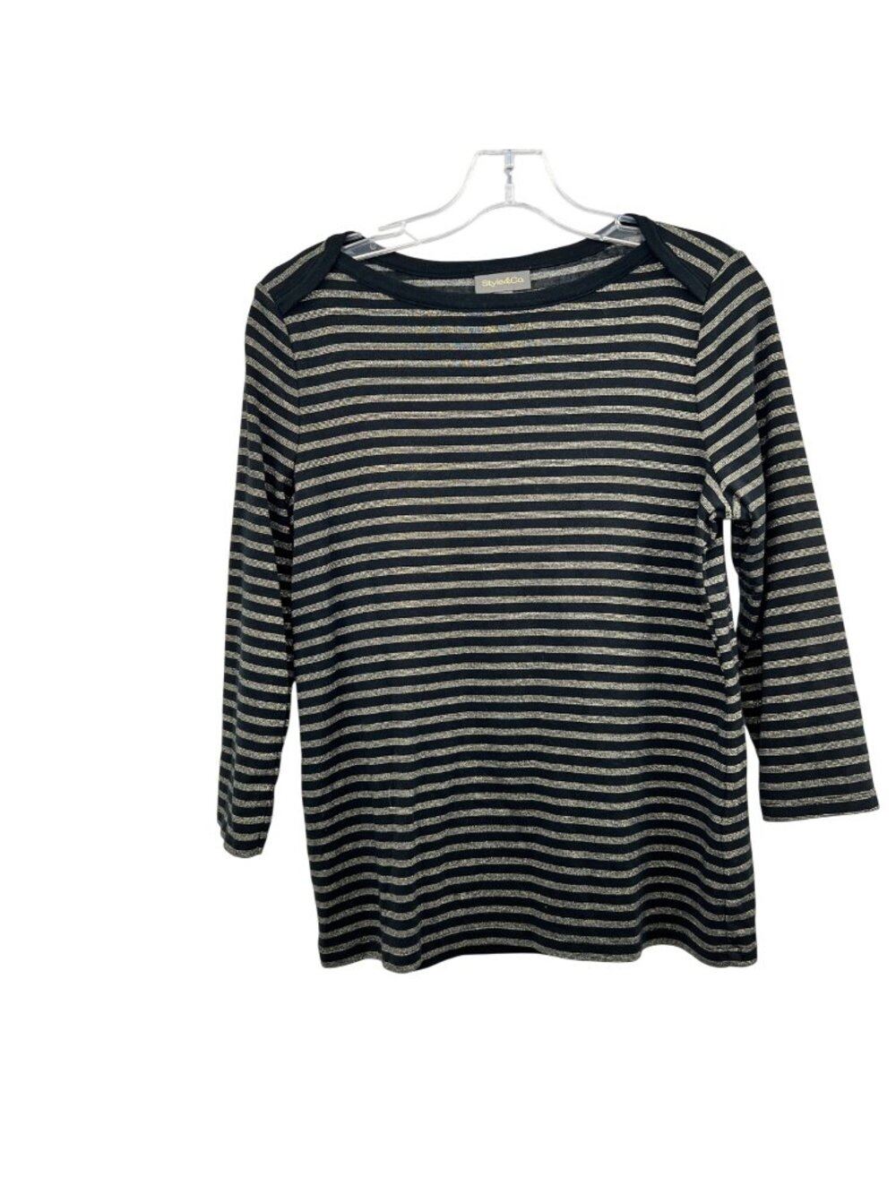 Style & Co Womens Striped Top 3/4 Sleeve Black/Metallic Gold Size Medium